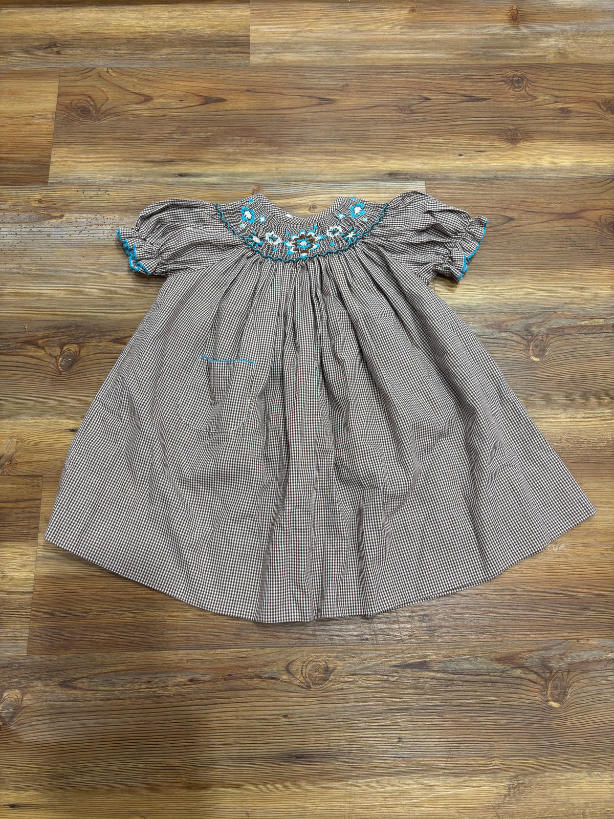 Brown Gingham Blue Smock Dress