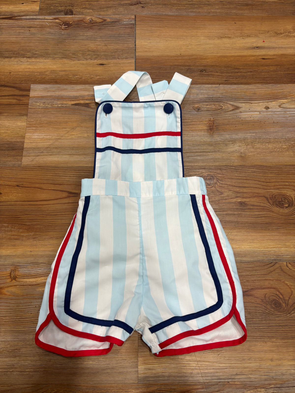 Blue Stripes w/ Red & Navy Trim Romper (spots)